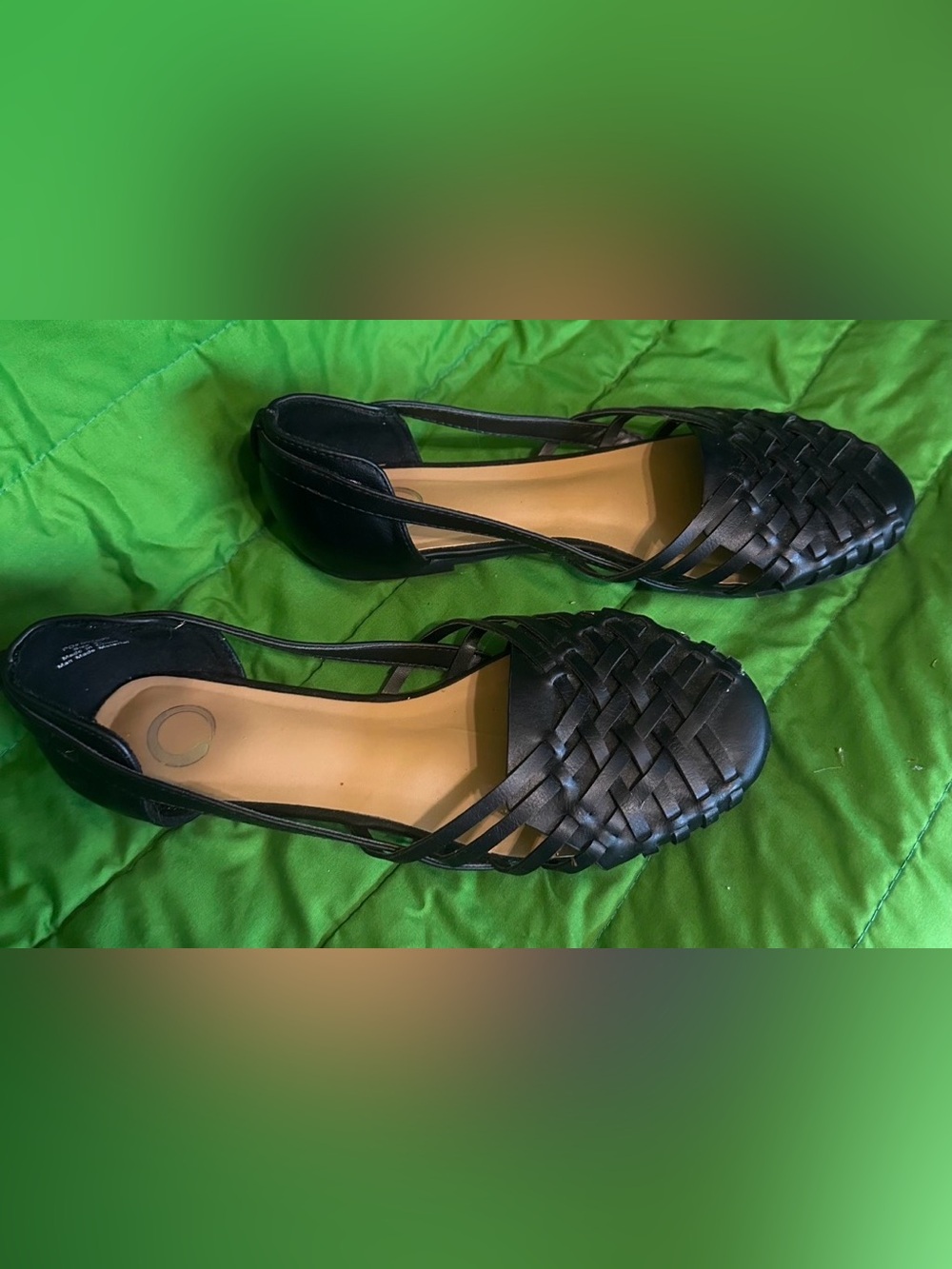 S1092 Black Woven Leather Women’s Flats, Sz 8-1/2